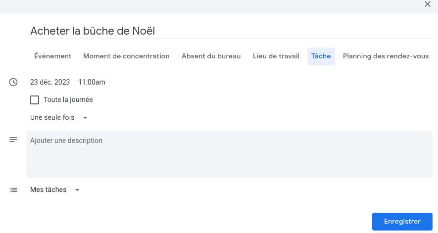 Créer une tâche sur Google Agenda