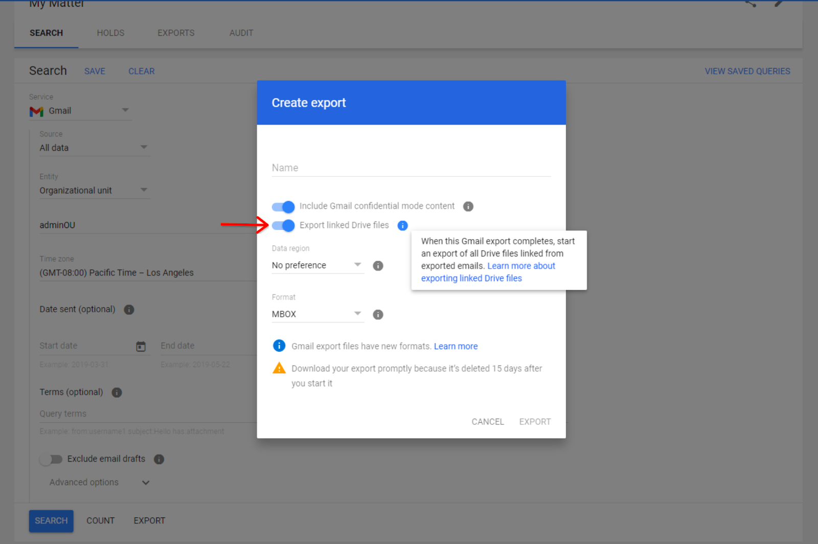 Activer ou désactiver « Exporter les fichiers Drive liés » avec Google Vault