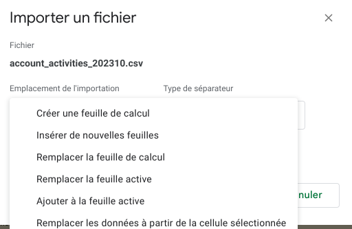 Importer un fichier - feuille de calcul Google Sheets