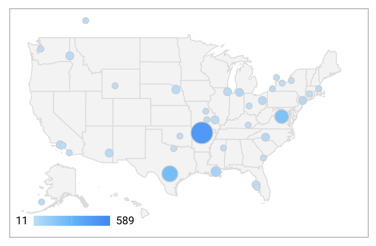 Une carte Google Maps centrée sur les Etats-Unis dans Looker Studio