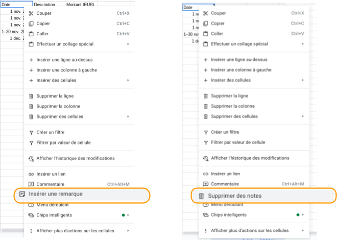 Remarque ou  note dans Google Sheets