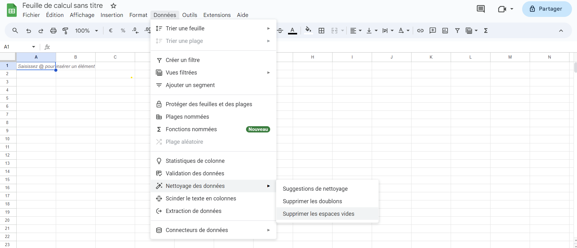 Supprimer les espaces vides dans Google Sheets