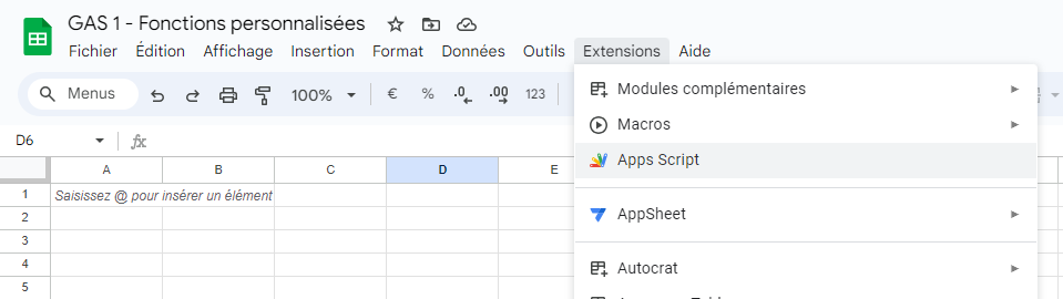 Emplacement de Apps Script dans le menu Extensions de Google Sheets
