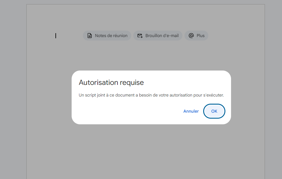Créer une alerte "Autorisation requise" avec Apps Script pour Google Docs