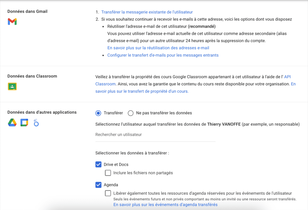Les actions sur les données de l'utilisateur supprimé de votre organisation sur la console d'administration Google