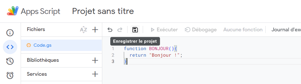 Icône orange "Sauvegarder le projet" dans Google Apps Script