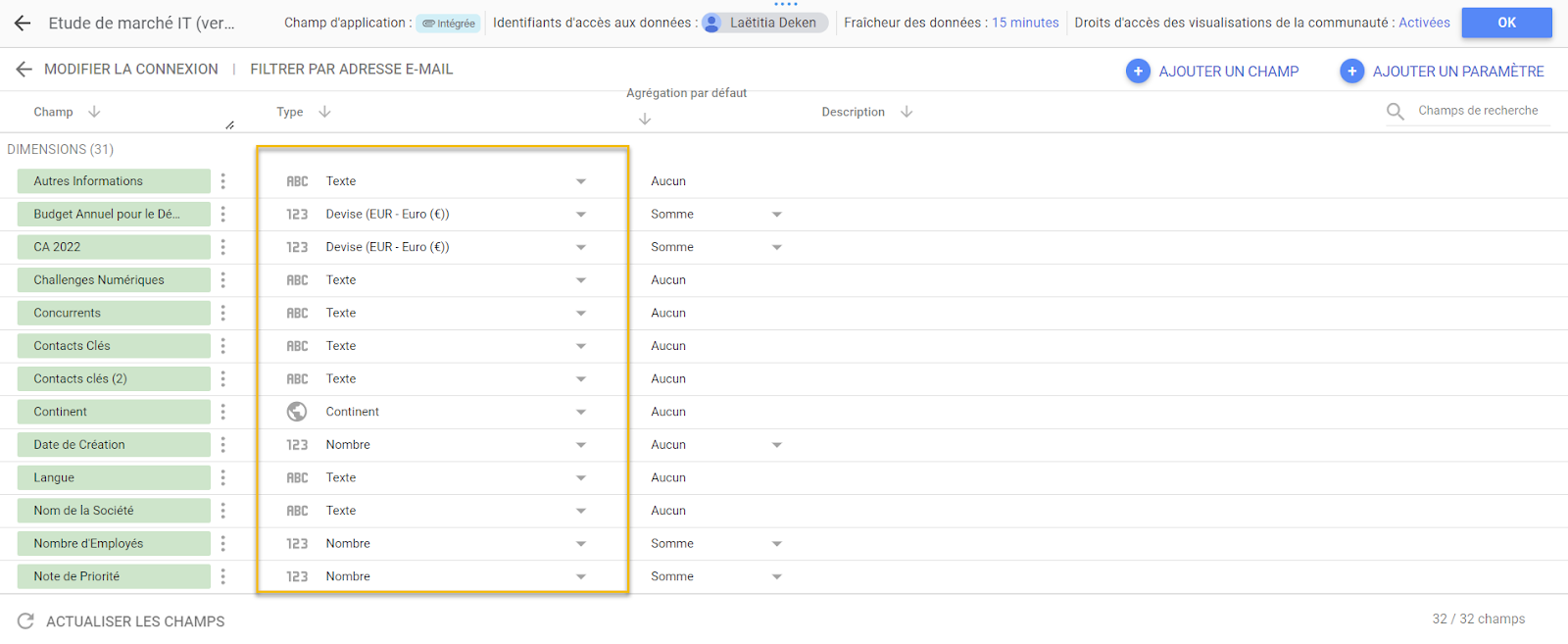 Liste des types pour chaque champ du menu Ressource de Looker Studio