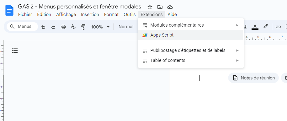 Menus personnalisés dans Google Apps Script