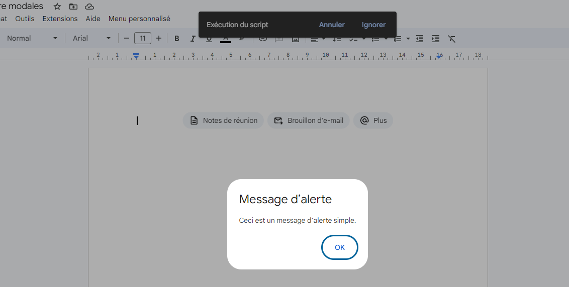 Affichage d'un message d'alerte sur Google Docs avec Apps Script