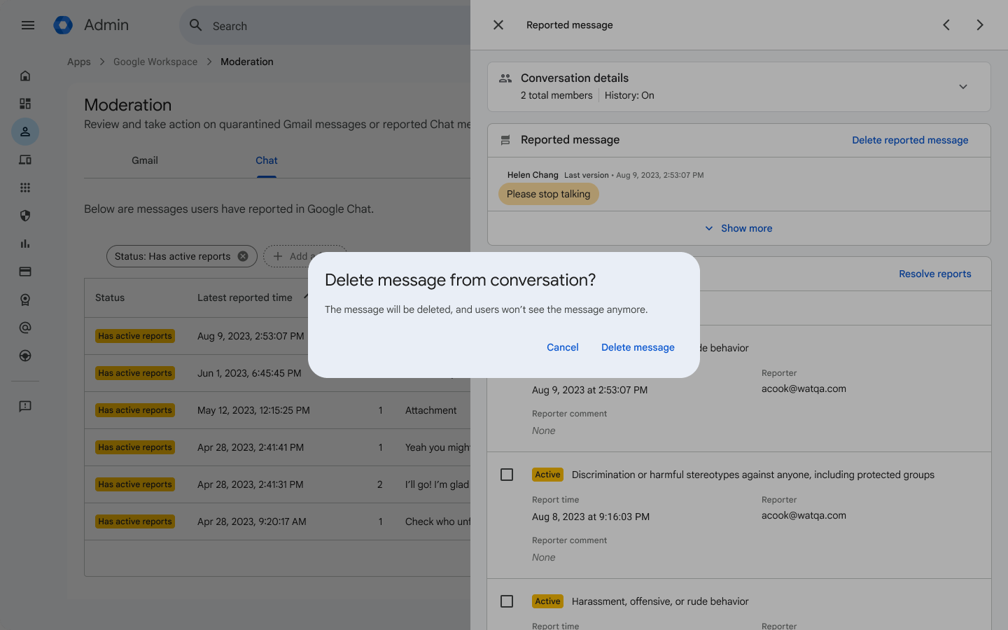 Console admin de Google Chat