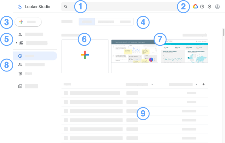 La page d'accueil de Google Looker Studio (vue rapports)