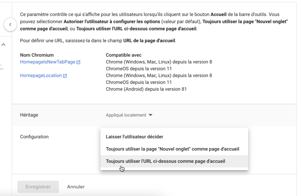 Configuration de la page d’accueil Chrome dans la console d'administration