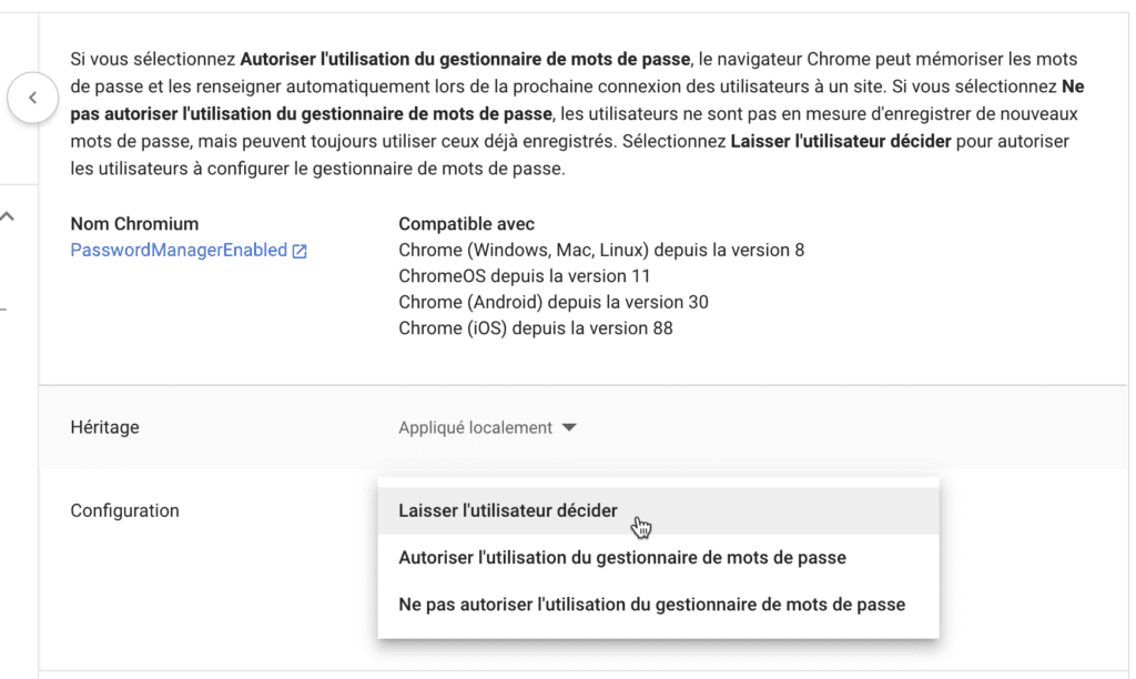 Le gestionnaire de mots de passe Chrome dans la console d'administration