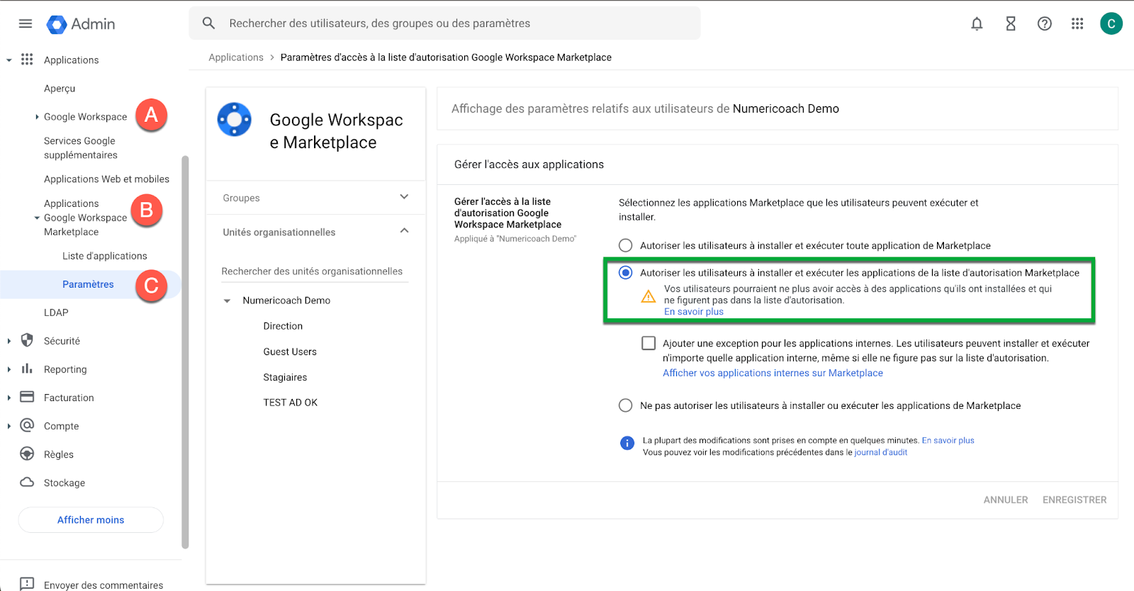 Les paramètres d'accès Google Workspace