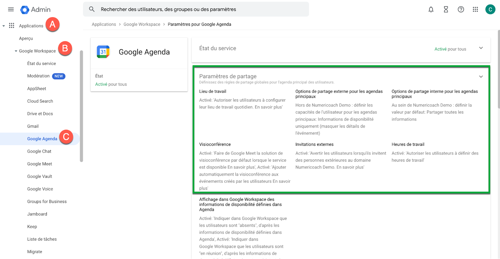 Le partage d'agenda dans la Console d'administration Google Workspace