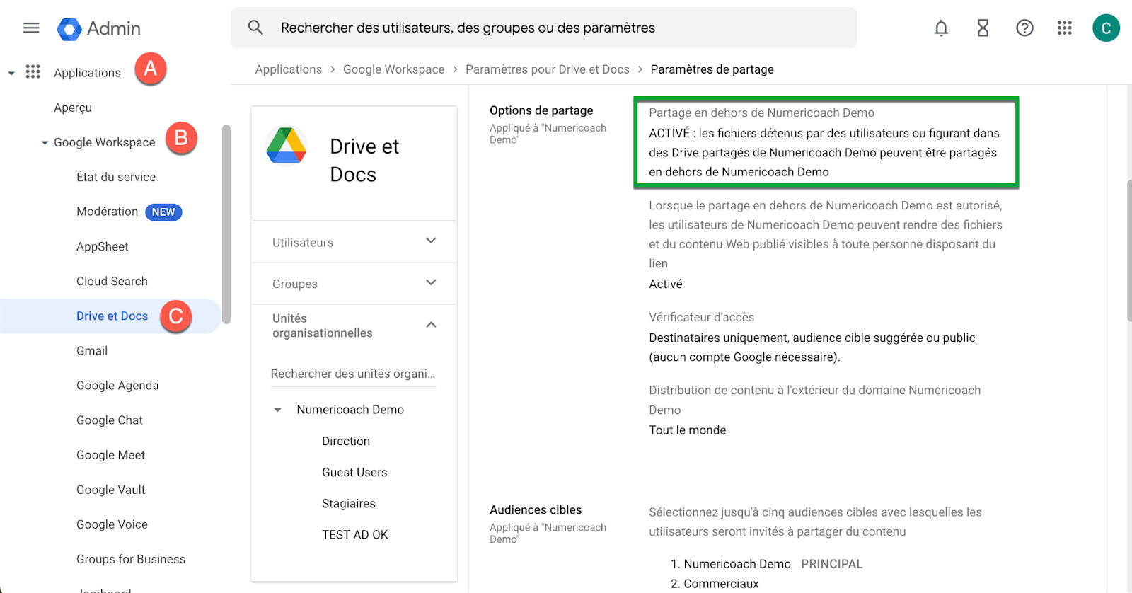 Le partage externe dans la Console d'administration Google Workspace