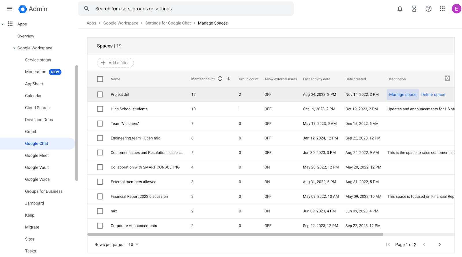 Ajout de membres et groupes à un espace Google Chat - Console d'admin