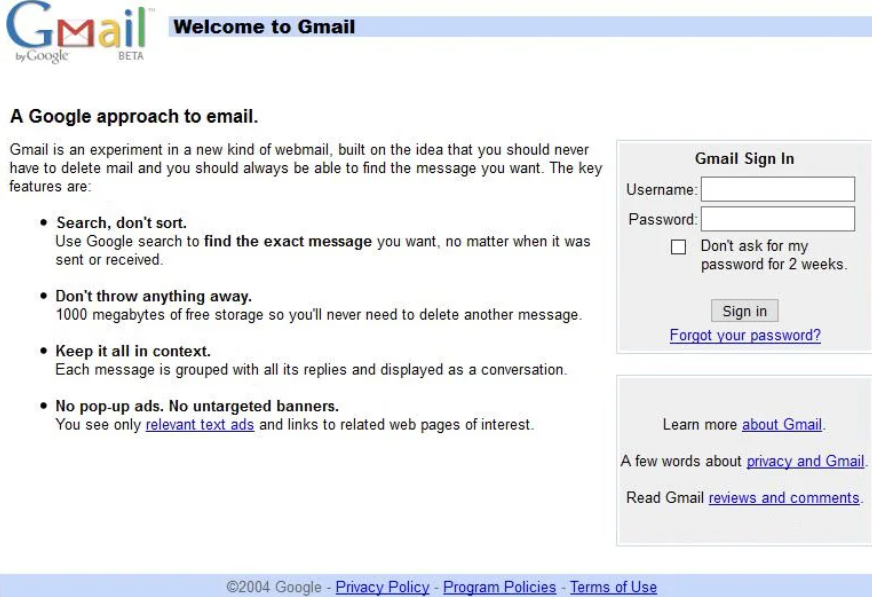 L'interface Gmail en 2004