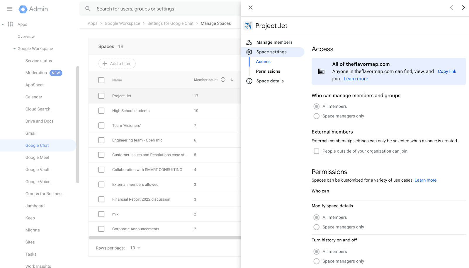 Apparence et flux de travail dans la console d'admin pour Google Chat