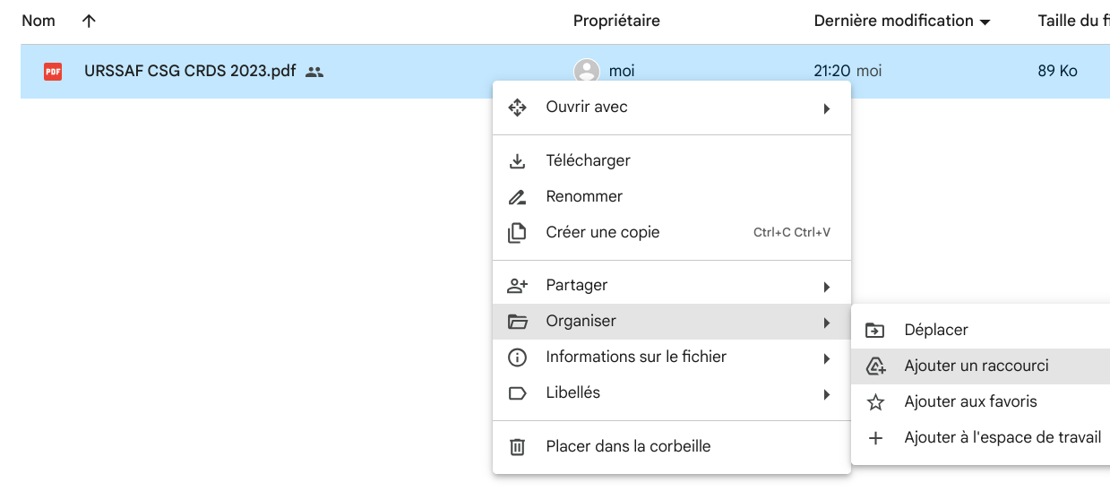 Ajouter un raccourcis Google Drive