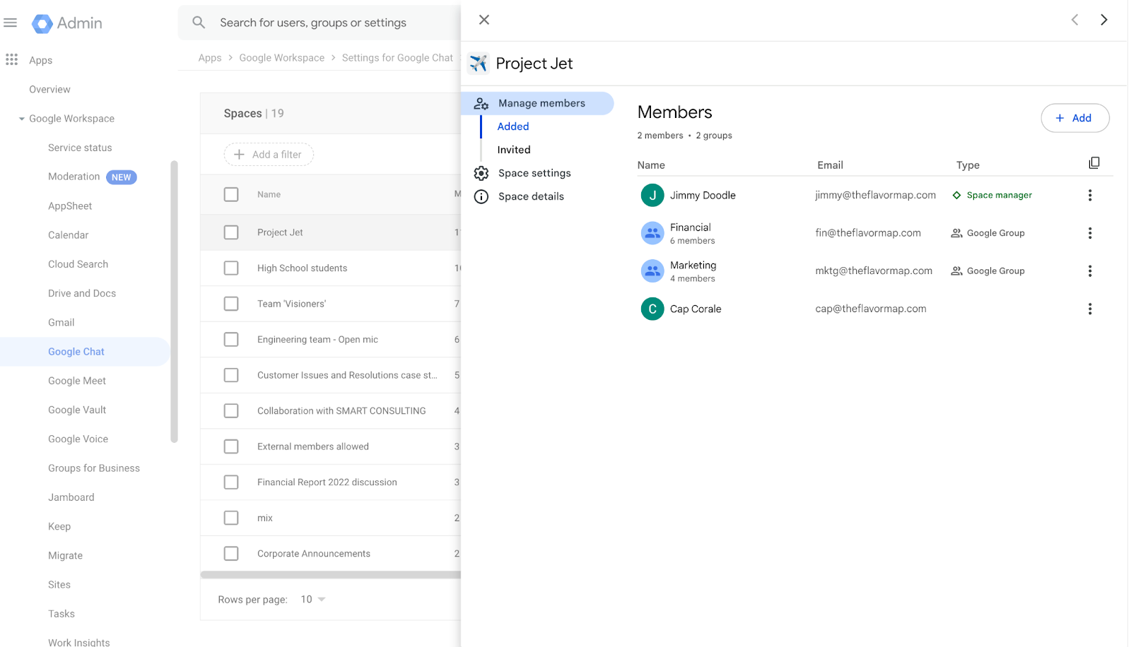 Vue détaillée pour Google Chat - Console d'admin