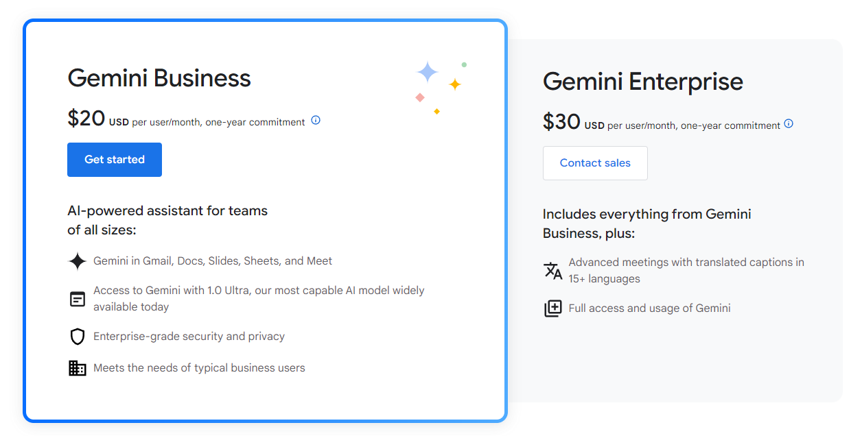 Tarifs Google Gemini Business et Enterprise