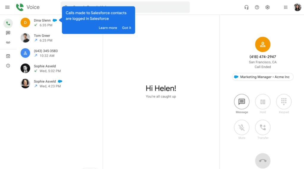 Les contacts Salesforce sont identifiés par le logo Salesforce dans Google Voice