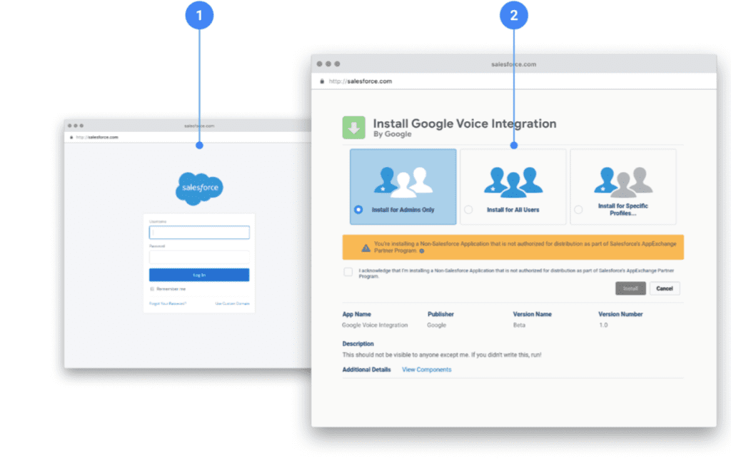 Vous serez ensuite dirigé vers la page de connexion Google Voice et Salesforce pour terminer la configuration.