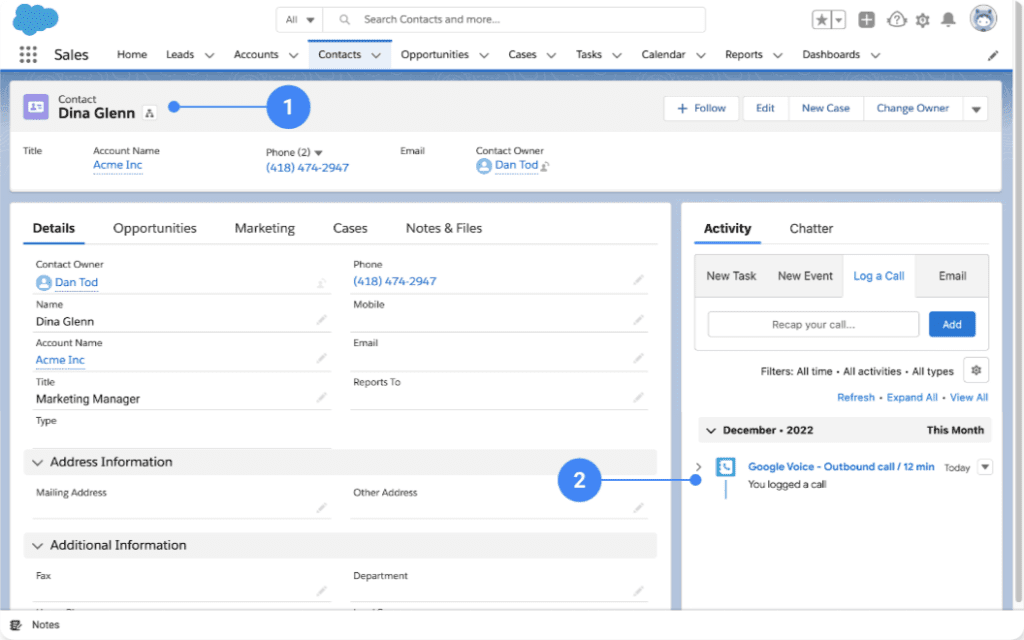 Appels enregistrés dans l'interface utilisateur de Salesforce.
