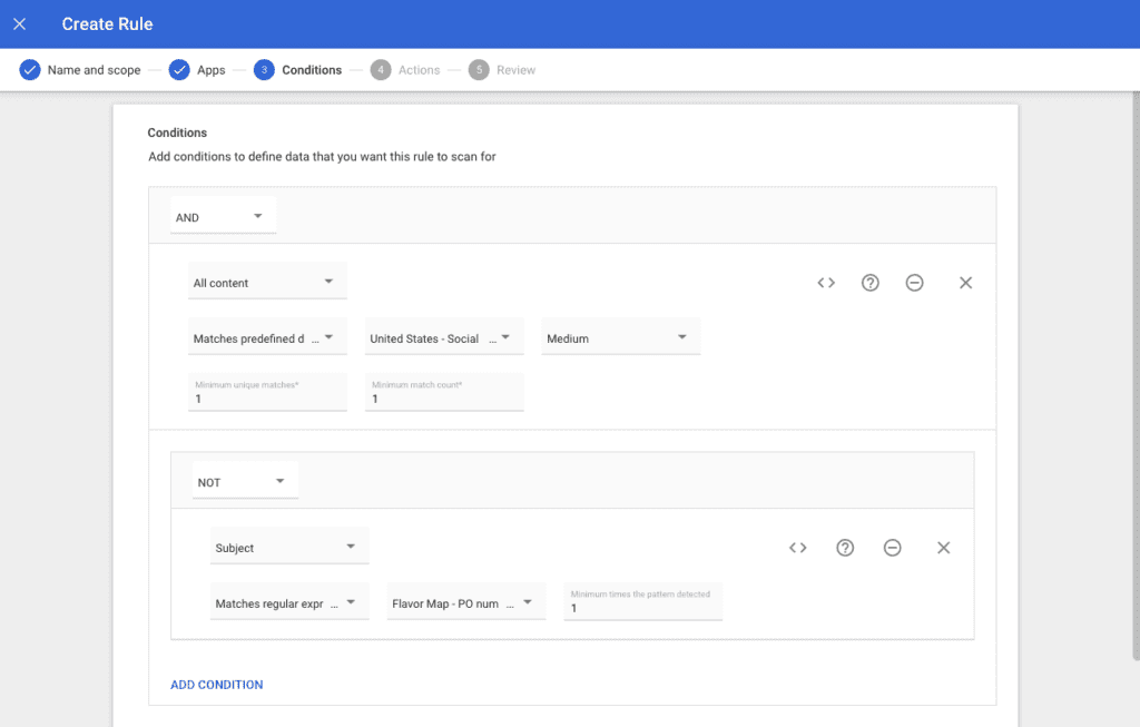 Créez des conditions flexibles avec une sélection de détecteurs prédéfinis et personnalisés d'informations sensibles
