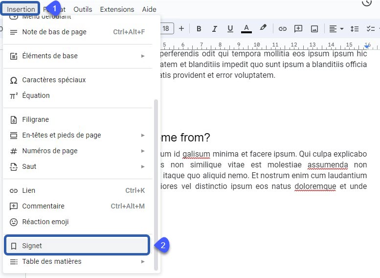 Menu Google Docs