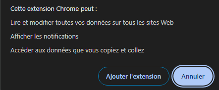 Autorisations demandées par l'extension.