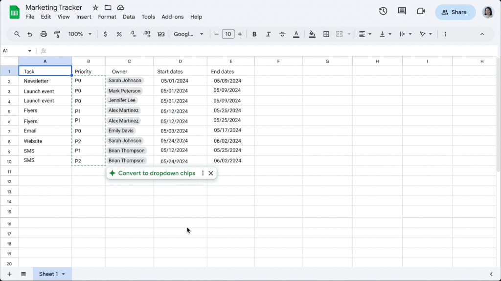 Convertie en liste déroulante dans Google Sheets