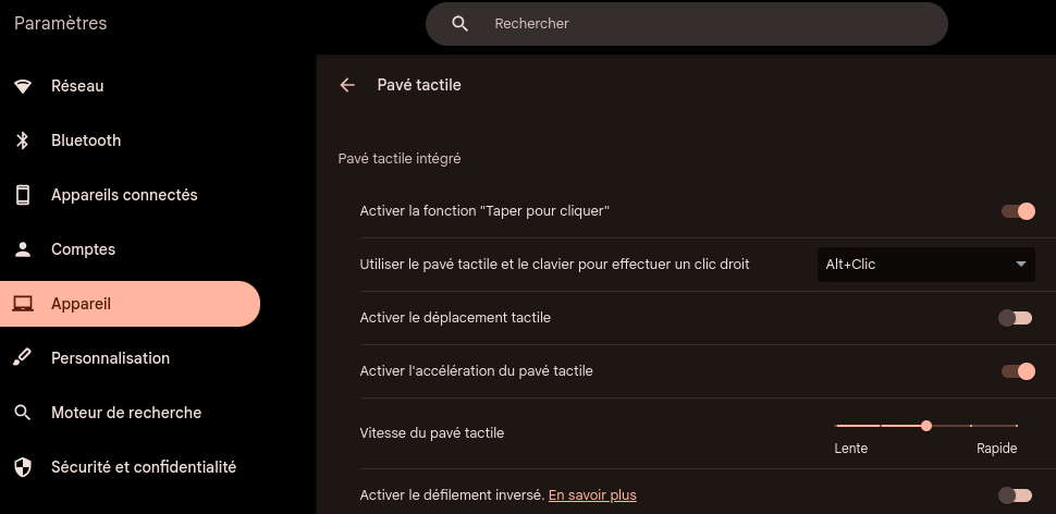 Modifier les paramètres du pointeur et du touchpad ChromeOS