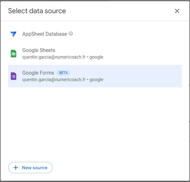 Sélectionner bien Google Forms comme source de données initiale