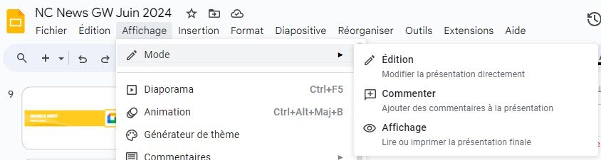 Basculer entre les modes modification, affichage et commentaire Google Slides