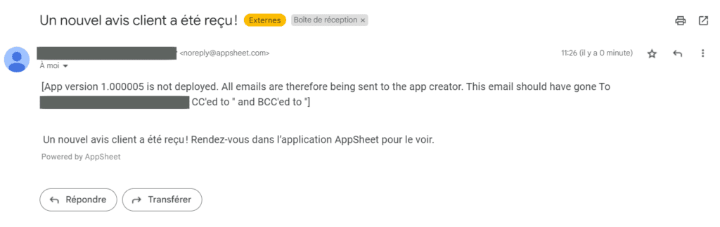 Le mail reçu après avoir répondu au formulaire Google Forms