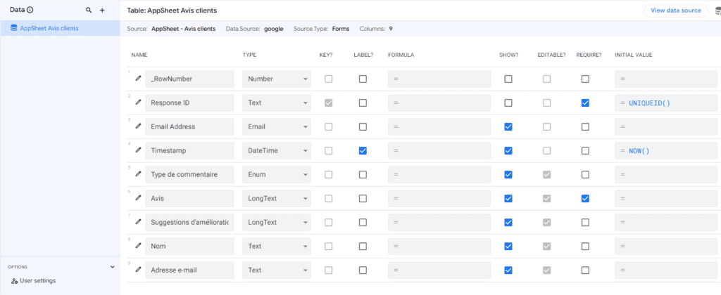 La table AppSheet qui correspond aux réponses dans votre Google Forms