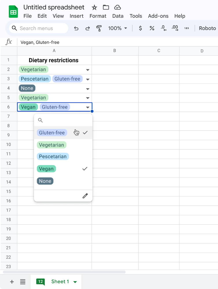 Google Sheets : sélection multiple dans les listes déroulantes