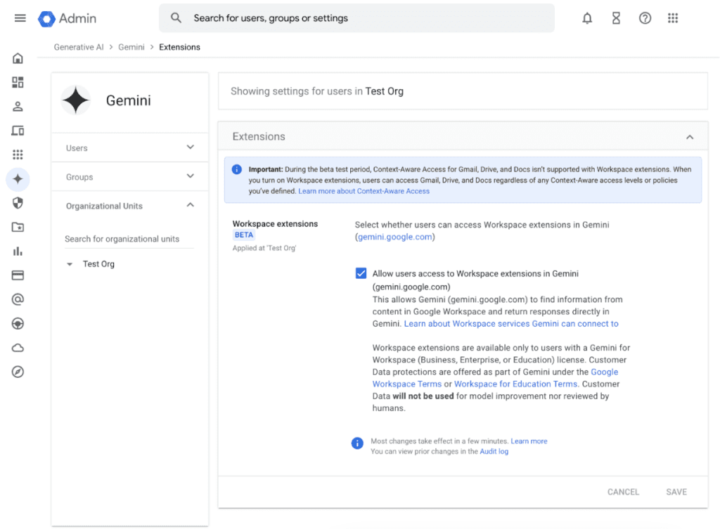 Activation de Gemini dans la console d'administration de Google Workspace