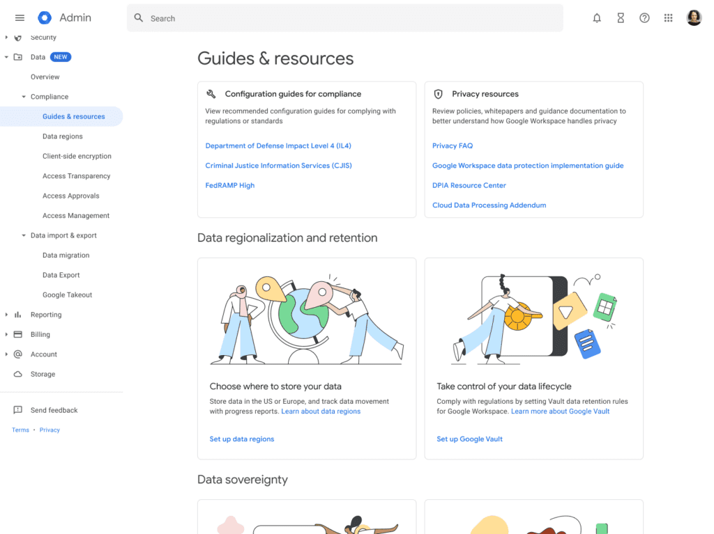 Google Workspace : Section Données > Conformité > Guides et ressources