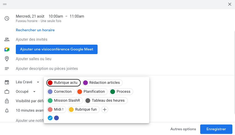 Mettre une couleur sur un événement Google Agenda