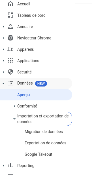 Nouvelle partie "Données" dans la console d'administration.