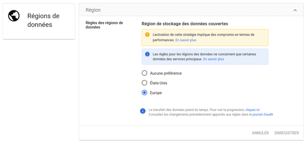 Choisir la région de stockage des données.