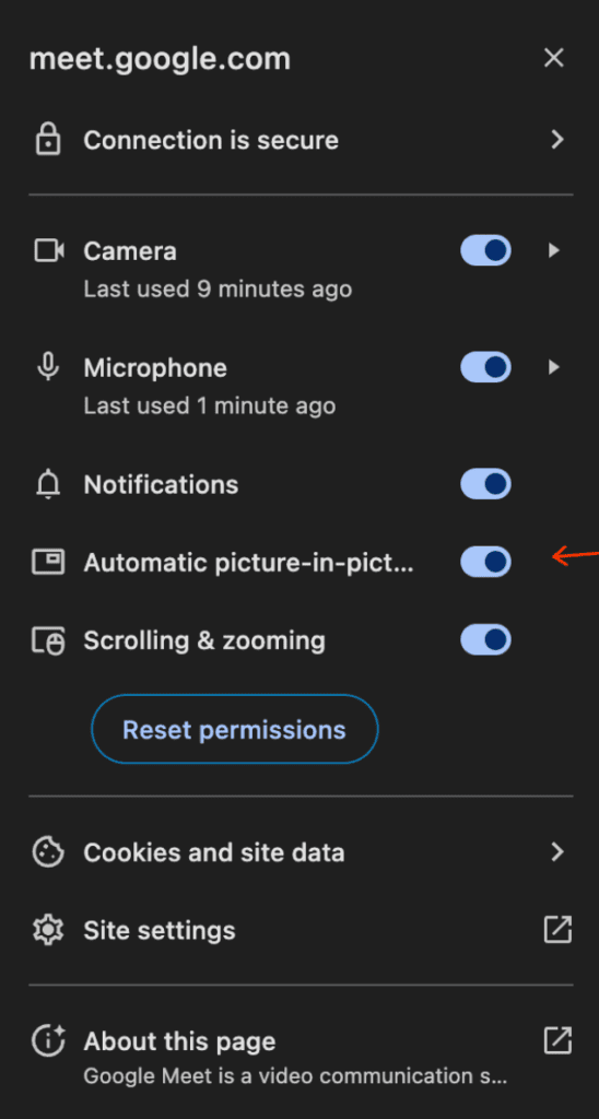 Désactiver le lancement automatique de Picture-in-Picture dans Google Meet