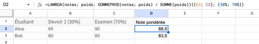 moyenne pondérée Lambda Google Sheets, fonctions