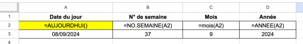 Les fonctions NO.SEMAINE, MOIS et ANNEE de Google Sheets