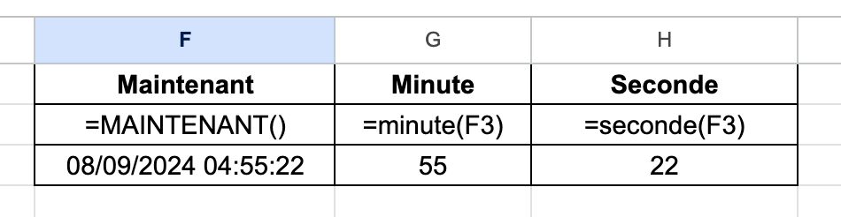 Fonctions sheetsz : maintenant, minute et seconde.