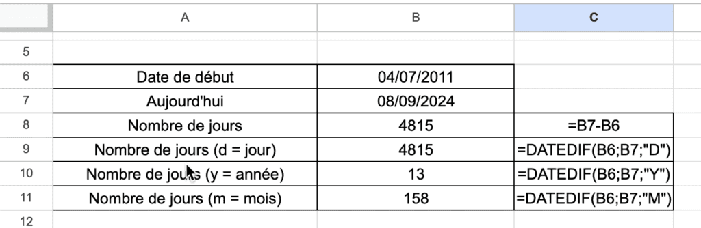 Datedif dans Google Sheets pour calculer la différence entre deux dates.