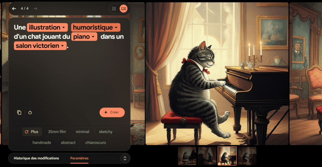 Une illustration humoristique d'un chat jouant du piano dans un salon victorien.